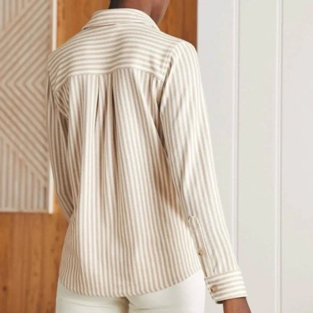 Faherty Legend Taupe and White Tannin Striped Button-Down Sweater Shirt Size M - Picture 2 of 8